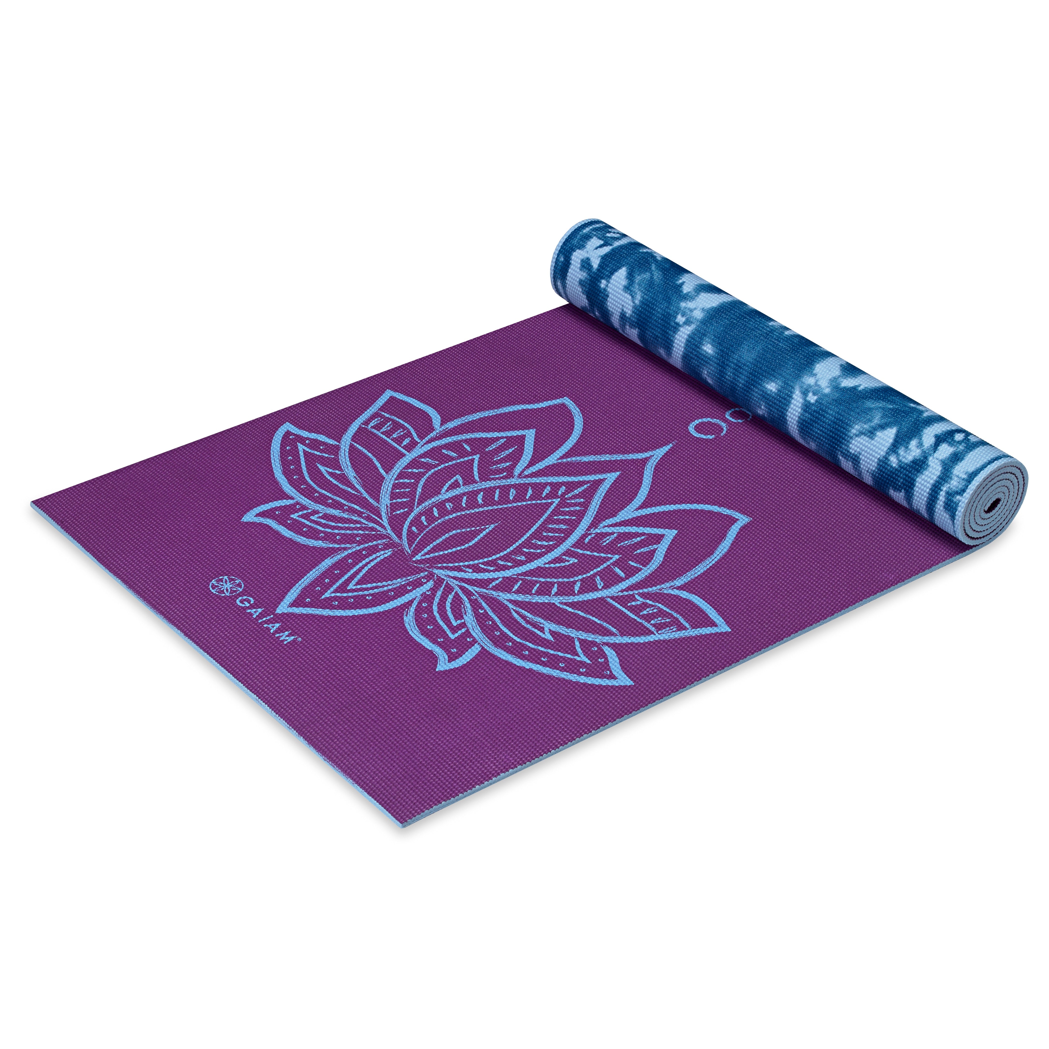 Reversible Purple Lotus Yoga Mat (6mm) purple side top rolled